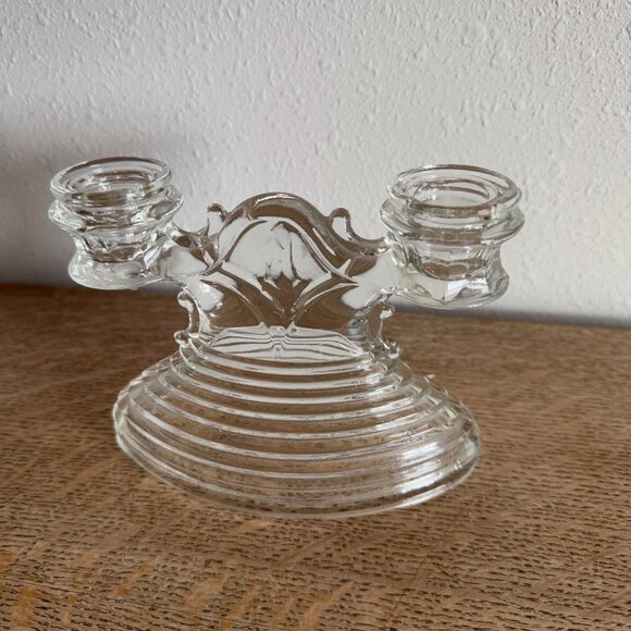 Vintage L.E. Smith Double Candlestick Holder, 1930s Art Deco Ribbed Glass - Picture 1 of 6